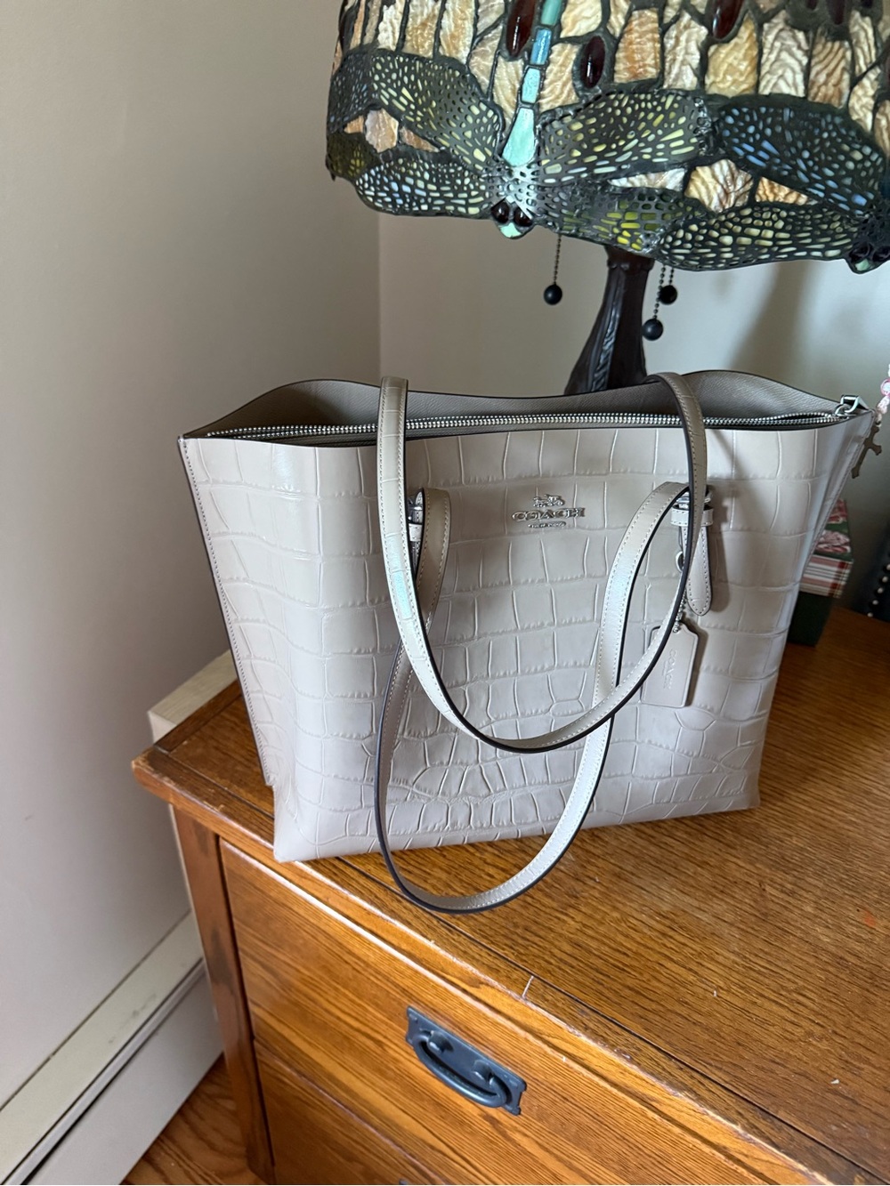 Coach Croc-Embossed Patent Leather Tote in Taupe - Picture 2 of 9